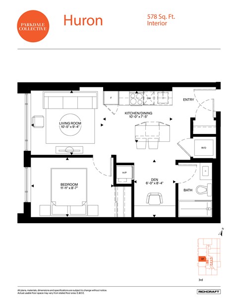 Floor plan for 1 bed, 1 bath, 578 sqft